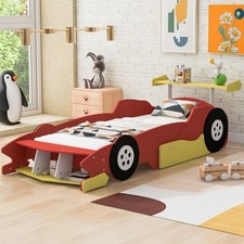 99" Twin Size Car-shaped Bed with Wheels for Kids Bedroom Red Race Car Bed Frame