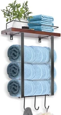 LAMPTOP Bathroom Towel Rack, Towel Rack Wall Mounted with Wooden Shelf & 3 Hooks