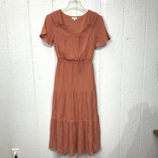 Luxology Dress Womens Small Boho Midi Short Sleeve Smocked Waist Crochet Trim