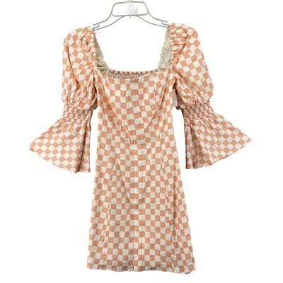 WAYF Dress Women XS Mini Orange Cream Checkered Square Neck Smocked Bell  Sleeve | eBay