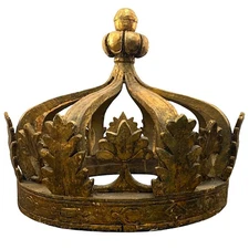 Giant Architectural Wood Chipped Painted Gold Prince Princess Crown Sculpture