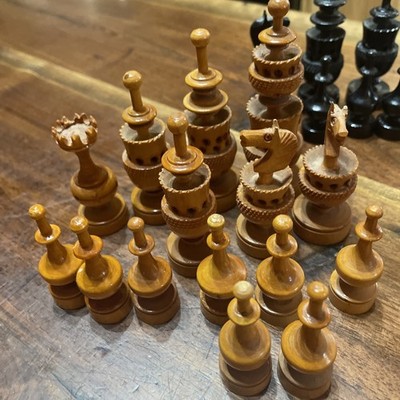 Vintage Carved Wood Chess Pieces-  15 Brown And-  12 Black