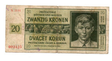 20 KORUN  FINE  BANKNOTE FROM GERMAN OCCUPIED BOHEMIA  1944  PICK-9