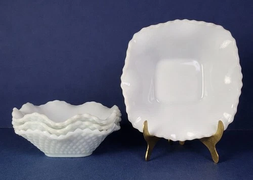 VTG Hazel Atlas Milk Glass Diamond Quilt Bowls Ruffled Scalloped 6" Set of 4