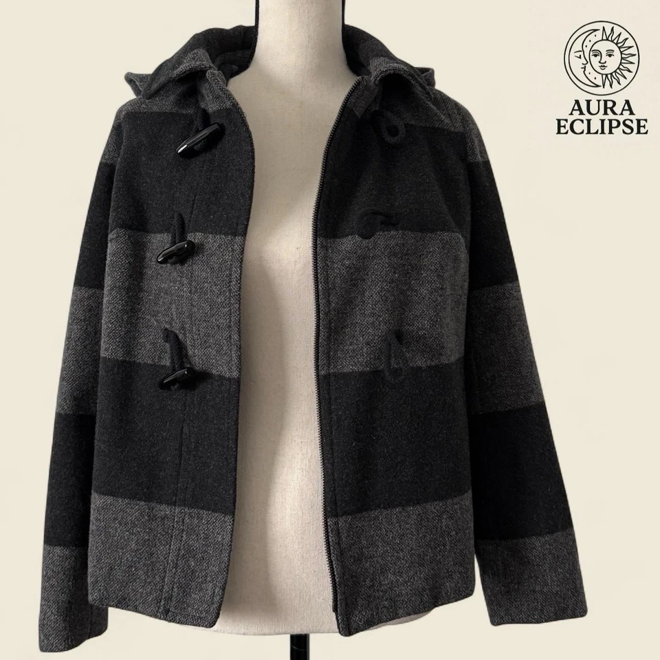 Abrigo de Guisante de Lana a Rayas Negro y Gris con Cremallera y Capucha, Azul Marino Antiguo, XS Foto 3 de 4