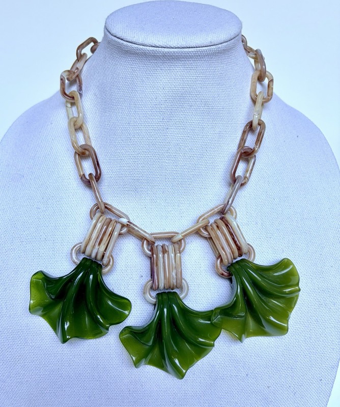 Vintage Lucite Acrylic Leaf Necklace Green Pendant Statement Necklace