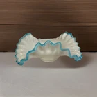 Vintage Fenton Aqua Crest 10” Ruffled Bowl  Dish Milk Glass White  Blue PERFECT!