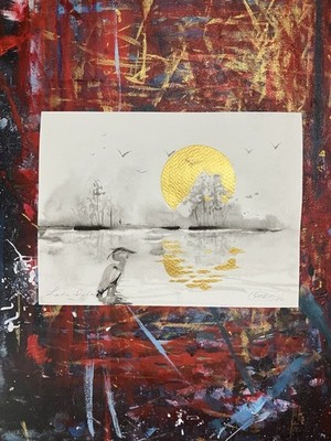ORIGINAL Heron Sunset Landscape Painting realism Art Sumi-e Ink Gold Artwork USA