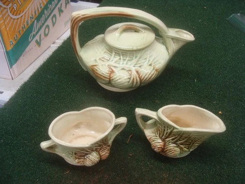 McCoy Pottery Pine Cone Tea Set: Teapot, Creamer, and Sugar Bowl - GOOD SHAPE