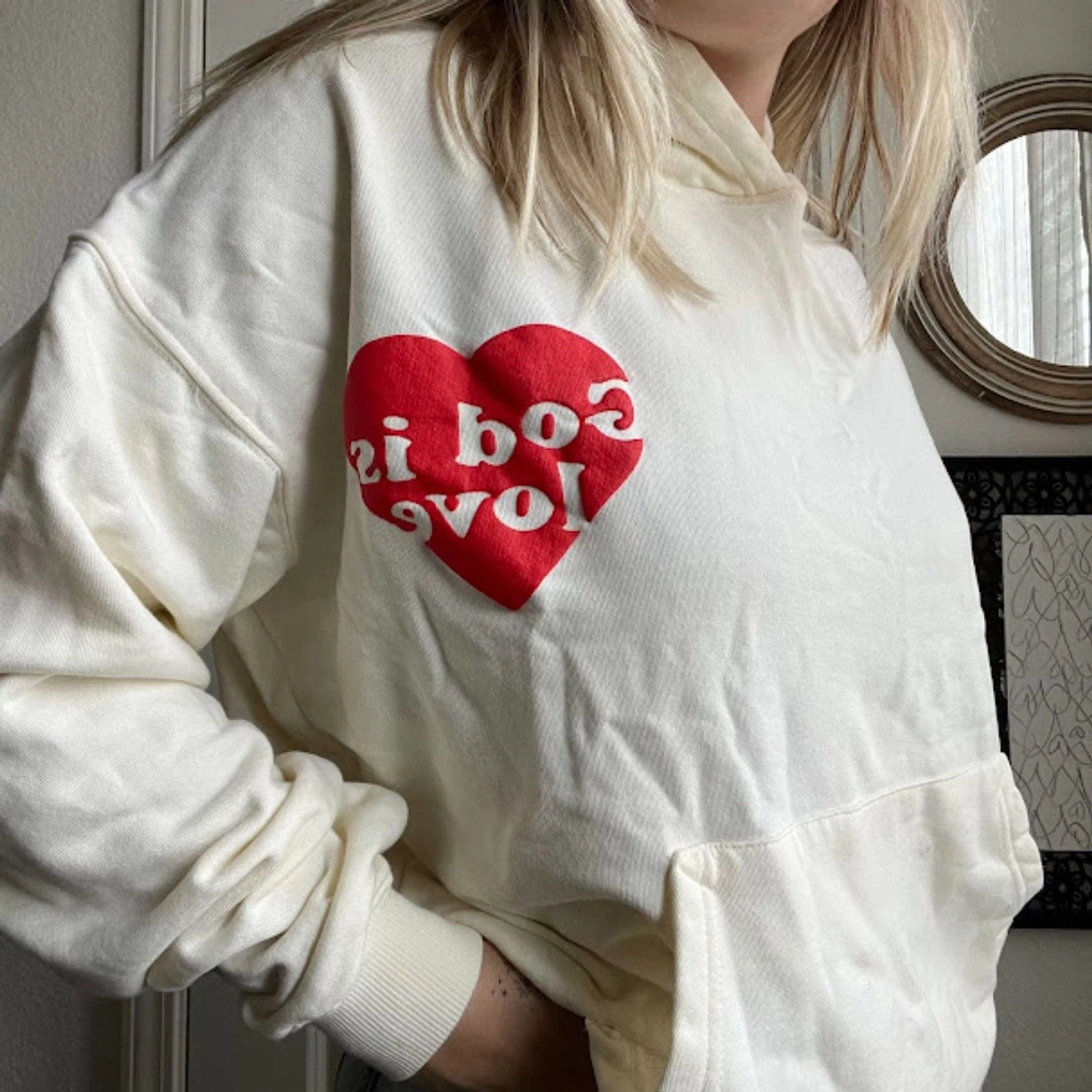 OFF WHITE Felpa con cappuccio grafica pull over avorio e rossa nuova senza etichette Elevata Faith God Is Love taglia S