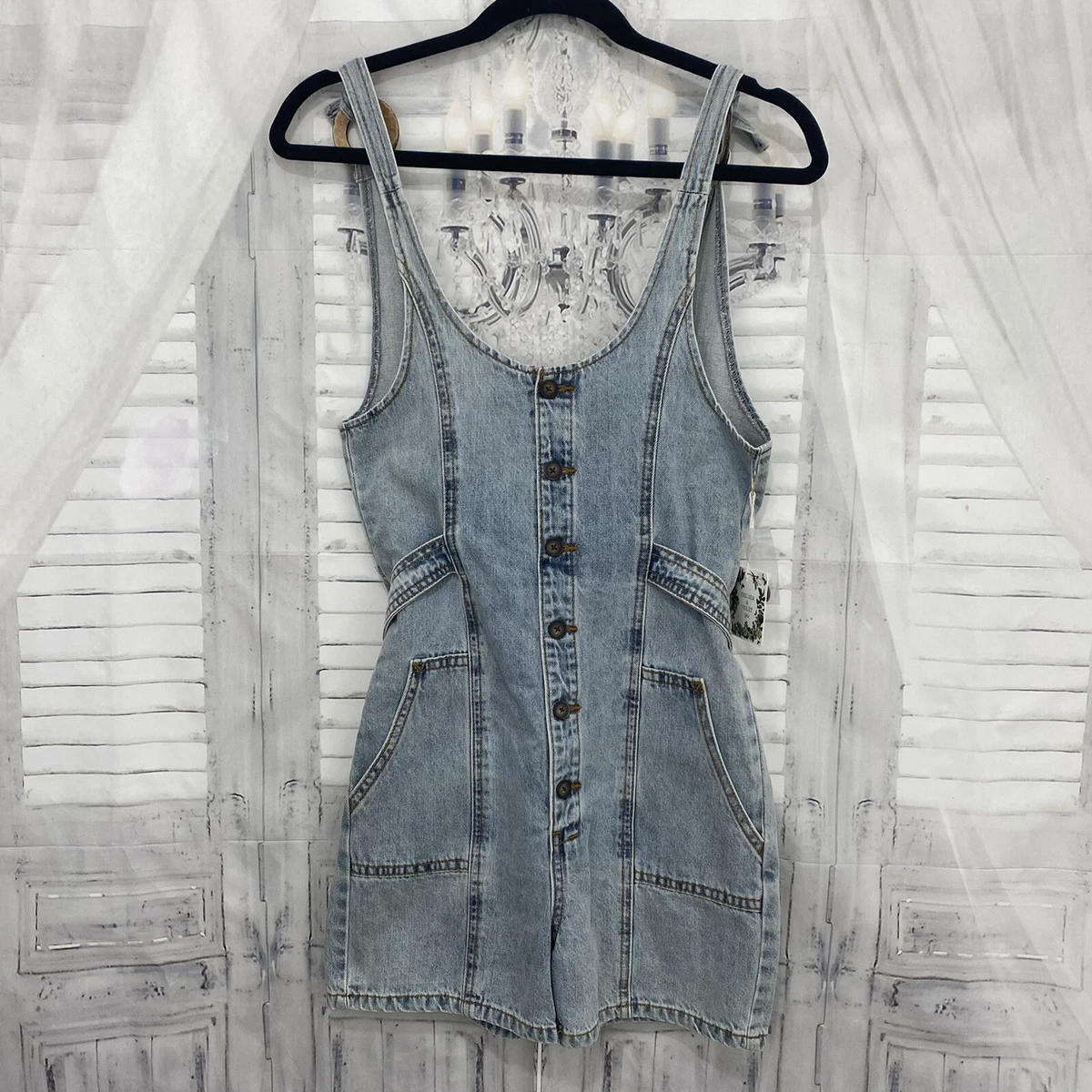 Chelsea Violet Big Girls Large 1 Piece Denim Button Front Tie Blue Romper B49