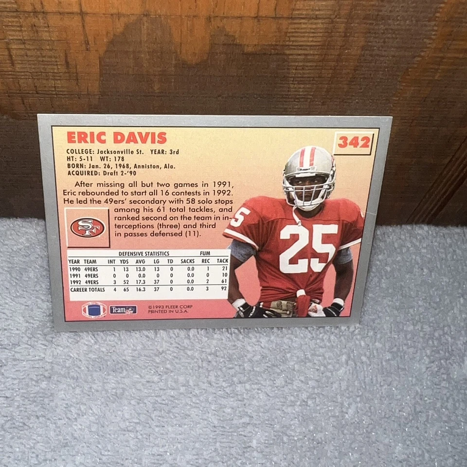 Vintage 1993 NFL Eric Davis Fleer Sports Trading Card 342 San Francisco 49ers - Image 2 of 4