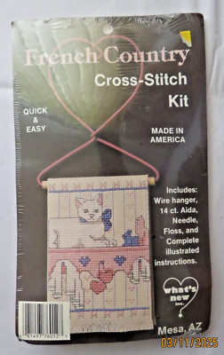 FRENCH COUNTRY KITTY CAT ON SHELF CROSS STITCH KIT SEALED WITH WIRE HANGER FLOSS