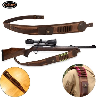 Tourbon Canvas Leather Rifle Sling Range Shooting Firearm Carry Strap Ammo Slot