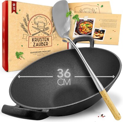 KRUSTENZAUBER 36cm Gusseisen Wok Induktion - Wokpfanne mit Wokwender, Induktion