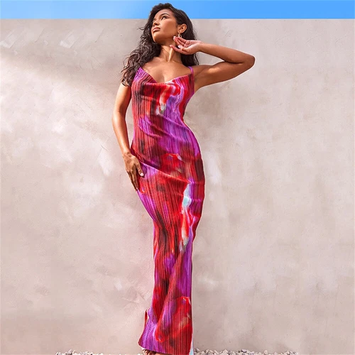 Cowl Neck Plisse Maxi Dress Sleeveless Printed Tank Dress Summer Beach Dresses - Bild 18 von 39