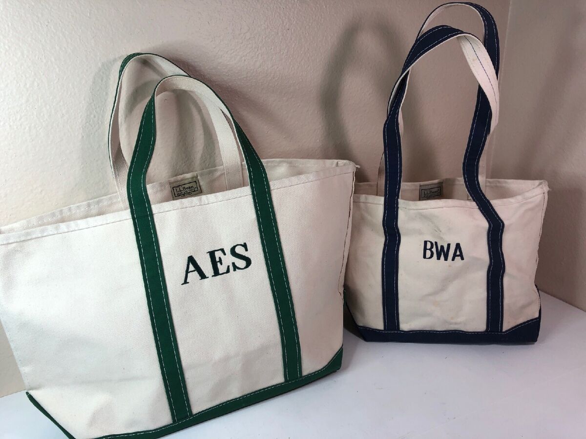LL Bean Canvas Boat And Tote Bag, White With Blue Green LL Bean Canvas Boat And Tote Bag, White With Blue Green