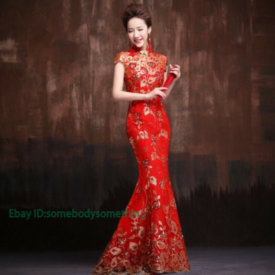 lace cheongsam wedding dress White Lace Split Flutter Sleeve Wedding Qipao Cheongsam Gown M