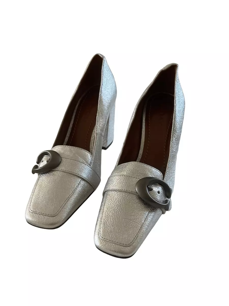 Coach Womens Silver 85mm Buckle Square Toe Metallic Jade Pump