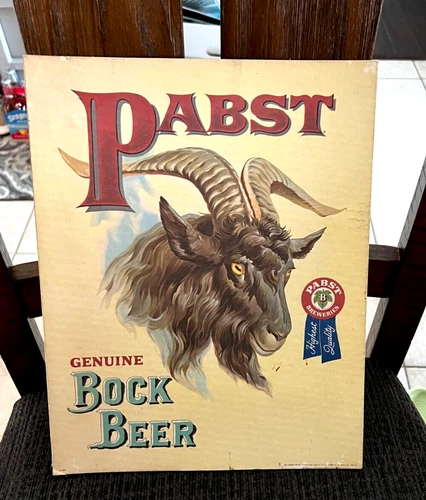 VINTAGE ORIGINAL PABST BOCK BEER CARDBOARD EASEL BACK SIGN MILWAUKEE WI