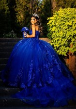 (ROYAL BLUE QUINCE DRESS) comes with crown,necklace,earrings,and crinolina.