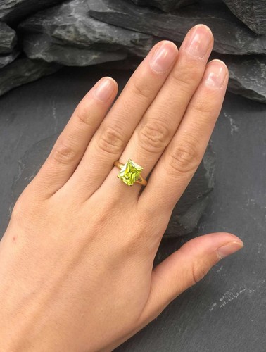 3.00 Ct Emerald Cut Real Peridot Engagement Wedding Ring 14K Solid Yellow Gold - Picture 9 of 13