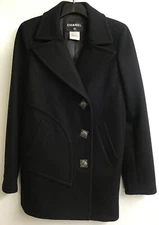 Chanel Coat Black Wool Off Center Single Breast Large Lapel 3Triangle Buttons 38