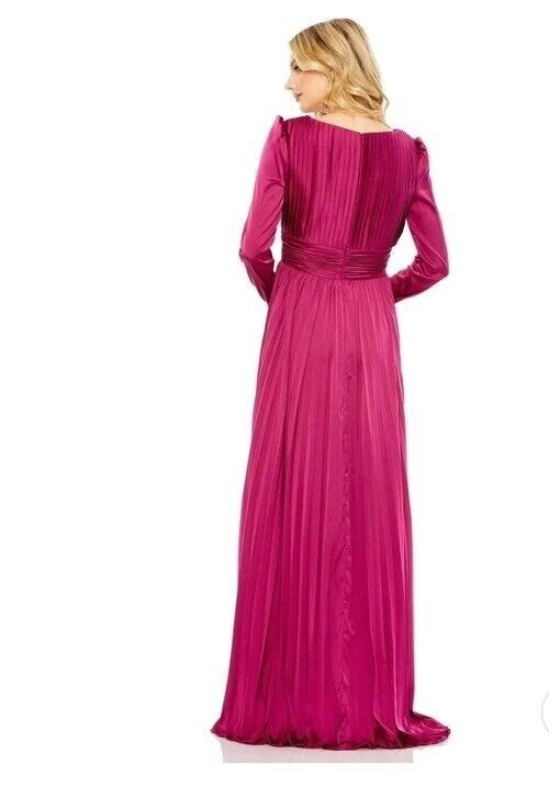 Ieena Mac Duggal Magenta Pleated Long Sleeve Satin A-Line Gown Dress Size 6 $458 - Image 2 of 4