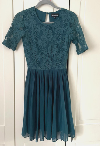 Warehouse size 8 Green Dress, Lace Bodice, Soft Pleated Skirt. Xmas & Autumn.
