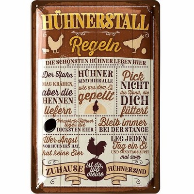 Blechschild Hühnerstall Regeln -  Hühner lustiges Schild witzig Lanolu 20x30 cm