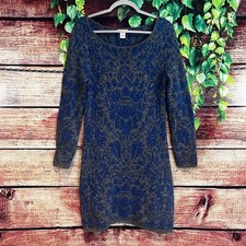 Sundance Lambswool Sweater Dress Medium Midi Scoop Neck Floral Paisley Blue Gray
