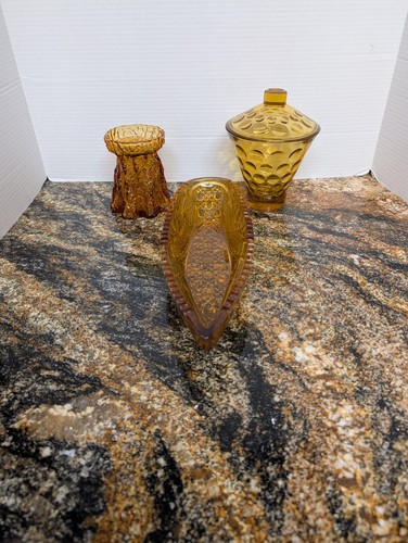 Ingrid Glashütte German Bark Effect Amber Glass Vase Vintage, Candy Dishes 