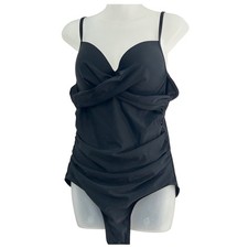 Black One Piece Swimsuit Ruched Tummy Control Wrap Front Adjustable Straps XL