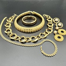 Vintage Gold Tone Jewelry Set Tubogas Panther Link Necklace Bangle Pearl Earring