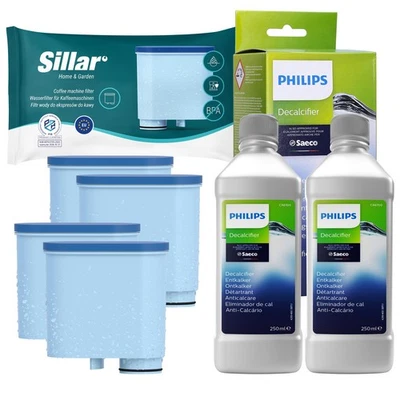 SILLAR 4x Wasserfilter ersatz von Philips Saeco AquaClean CA6903/10, 2x250ml Entkalker