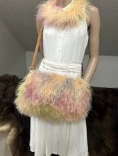 Colorful Real Mongolian Lamb Fur Handmade Boho Style, Fold Over Flap Handbag