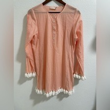 Tory Burch Peach Striped Button Down swim cover up dress with Tassels