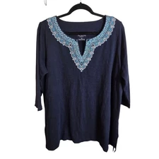 Talbots Plus Petite 2XP Petite Blue Embroidered 3/4 Sleeve Cotton Top