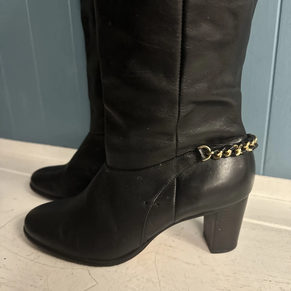 Johnston and Murphy Knee High Tall Leather Black Calfskin Gold Chain Boot 8.5 - Image 3 of 4