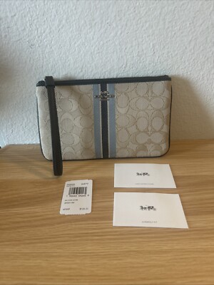 NWT Coach Large Wristlet Wallet Clutch Tan Blue Stripes