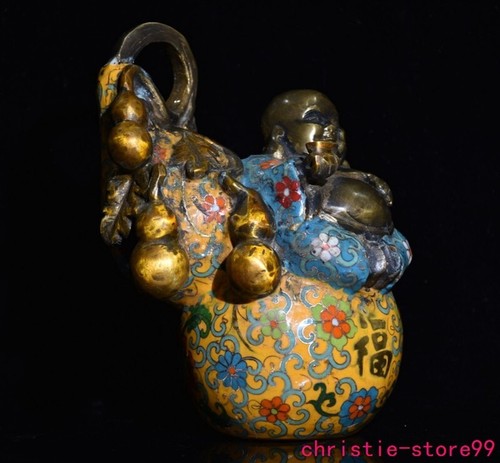 7"China Buddhism temple bronze cloisonne calabash wealth Maitreya Buddha statue - Picture 6 of 9