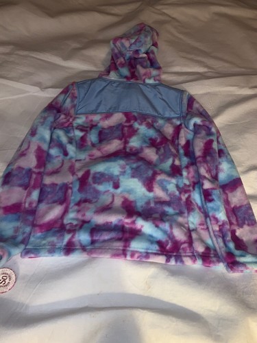 Size 14 SO Plush Faux Fur Tie Dye Zip Front Hooded Jacket White Blue Purple New - Picture 7 of 7