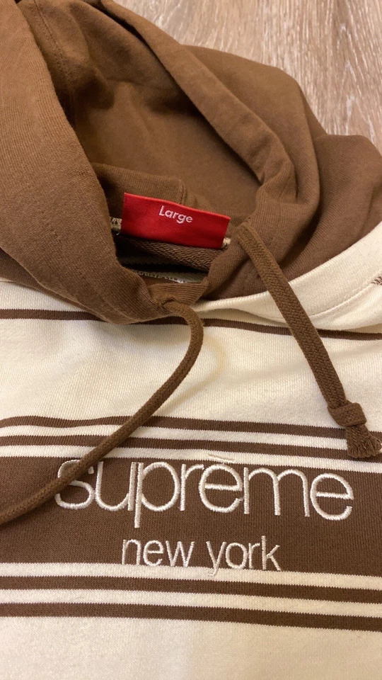 Supreme F/W16 Striped Hooded Crewneck Classic Logo Brown /Cream - Image 4 of 4