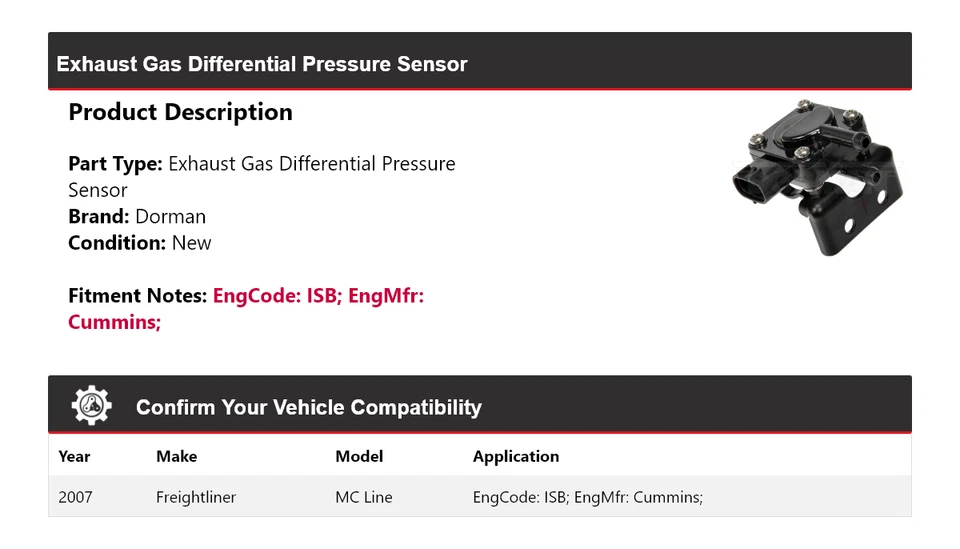 Sensor de pressão diferencial de gases de escape Freightliner MC Line Dorman 2007 - Imagem 2 de 4