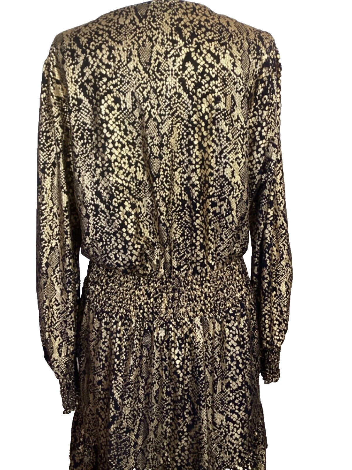 ABITO DA COCKTAIL MICHAEL KORS NERO E ORO LAMINA METALLICA STAMPA SERPENTE RUFFLE TAGLIA XL