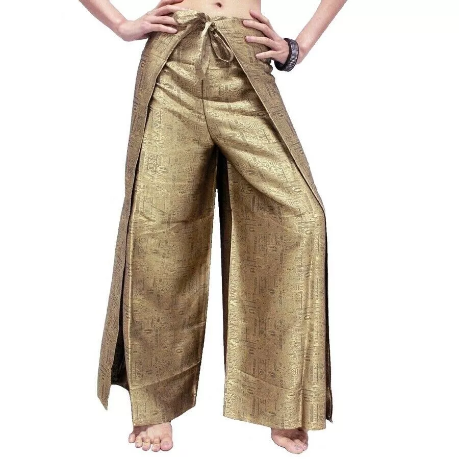 Women's Thai Silk Fisherman Palazzo Wrap Pants Gold Sarong Harem Yoga  Wide-Leg