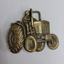 Vintage Baron Belt Buckle Solid Brass 1978 Farmer Tractor Cut-Out Agriculture