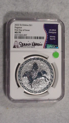 2022 NGC MS70 ST. HELENA PEGASUS FIRST DAY ISSUE JENNIE NORRIS 1OZ SILVER COIN!