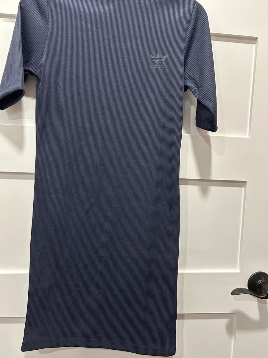 Adidas Womens Ribbed Mini Short Sleeve Dress Blue Mock Neck
