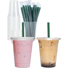 Disposable 16 oz Clear Plastic Cups with Lids and Straws for Iced Coffee